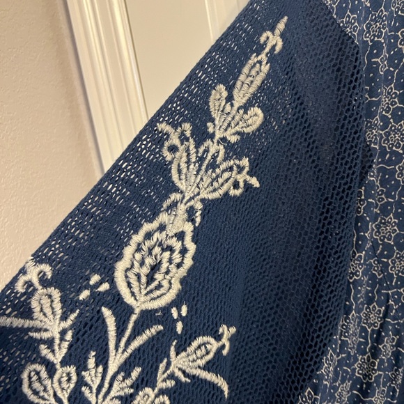 Free People Womens Indigo Dreams Tunic Embroidered Mesh Balloon Sleeves Boho XL - Picture 4 of 16